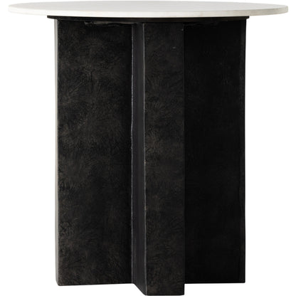 Terrell Round End Table by Four Hands in raw black, polished white marble. Made from solid marble, aluminum, engineered hardwood in a modern style.