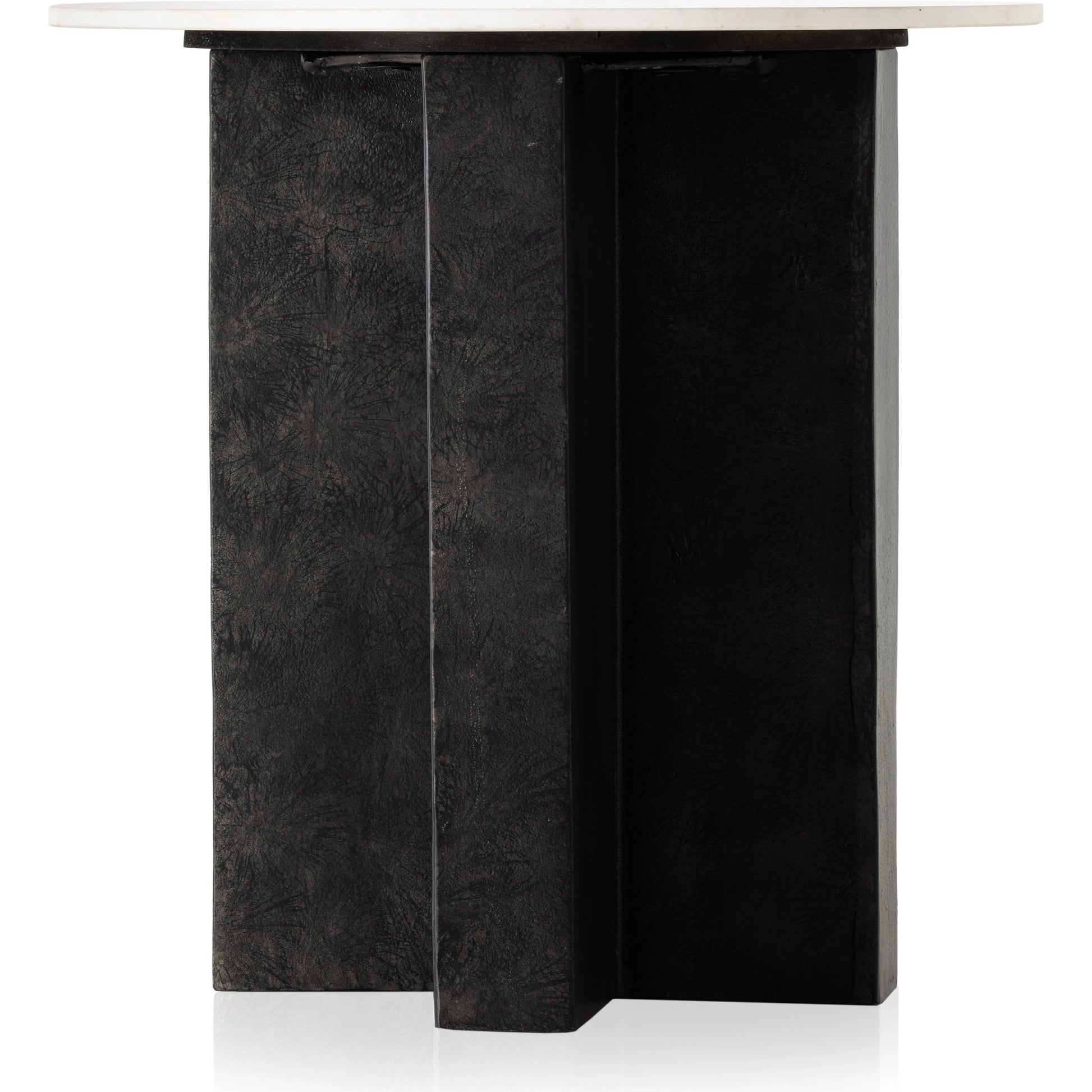 Terrell Round End Table by Four Hands in raw black, polished white marble. Made from solid marble, aluminum, engineered hardwood in a modern style.