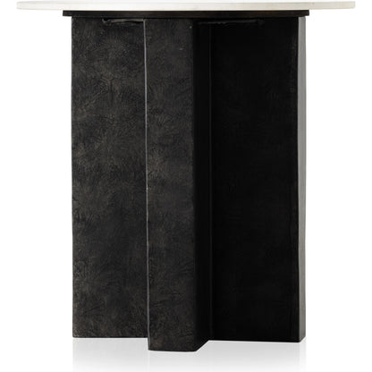 Terrell Round End Table by Four Hands in raw black, polished white marble. Made from solid marble, aluminum, engineered hardwood in a modern style.
