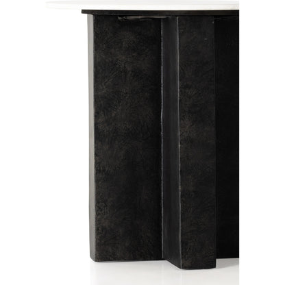 Terrell Round End Table by Four Hands in raw black, polished white marble. Made from solid marble, aluminum, engineered hardwood in a modern style.