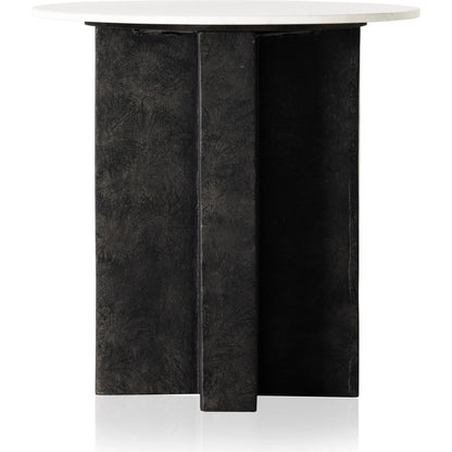 Terrell Round End Table by Four Hands in raw black, polished white marble. Made from solid marble, aluminum, engineered hardwood in a modern style.