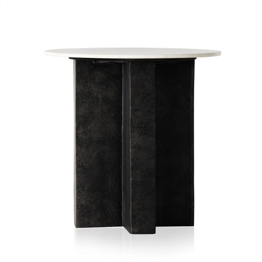 Terrell Round End Table by Four Hands in raw black, polished white marble. Made from solid marble, aluminum, engineered hardwood in a modern style.