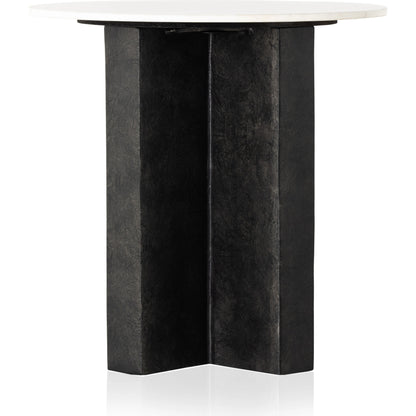 Terrell Round End Table by Four Hands in raw black, polished white marble. Made from solid marble, aluminum, engineered hardwood in a modern style.