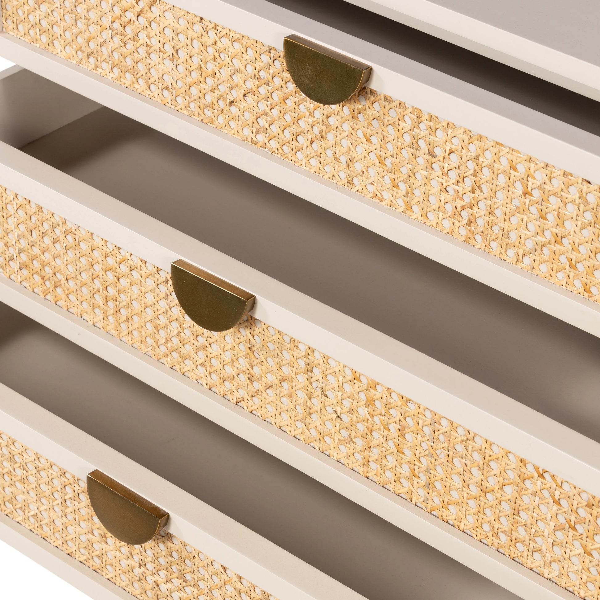 Luella Large Nightstand by Four Hands in matte alabaster, light natural cane. Made from engineered hardwood, cane, stainless steel in a modern style.