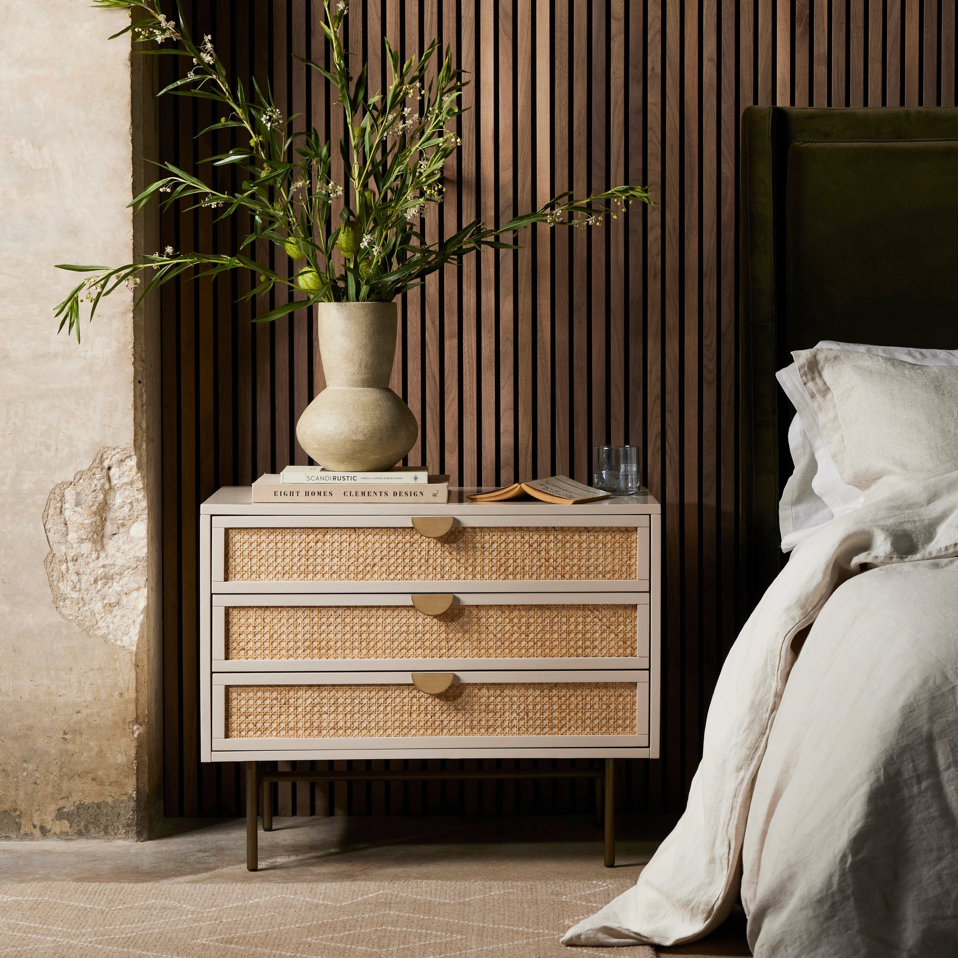 Luella Large Nightstand by Four Hands in matte alabaster, light natural cane. Made from engineered hardwood, cane, stainless steel in a modern style.