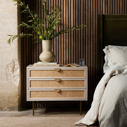 Luella Large Nightstand by Four Hands in matte alabaster, light natural cane. Made from engineered hardwood, cane, stainless steel in a modern style.