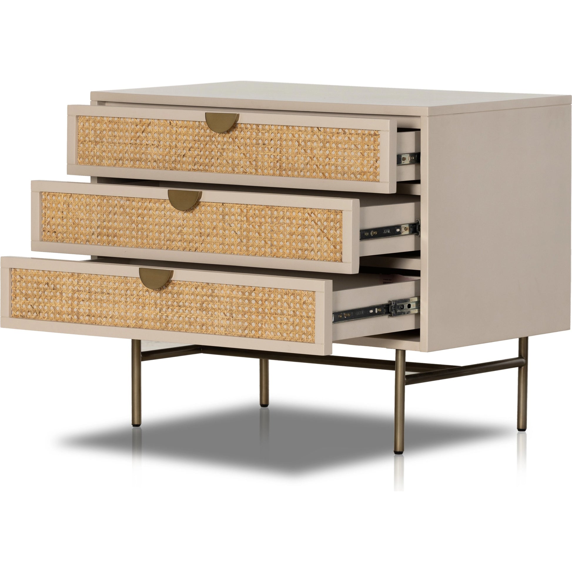 Luella Large Nightstand by Four Hands in matte alabaster, light natural cane. Made from engineered hardwood, cane, stainless steel in a modern style.