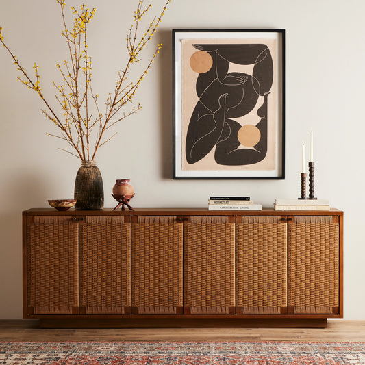 Macklin Sideboard by Four Hands in light mahogany, natural paper rush. Made from mahogany veneer, rush, solid mahogany in a modern style.