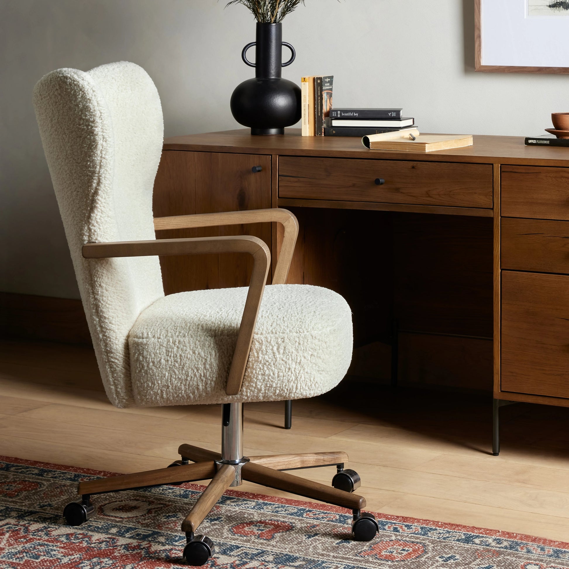 Melrose Desk Chair by Four Hands. Made from 100% polyester, solid ash, aluminum in a modern style.