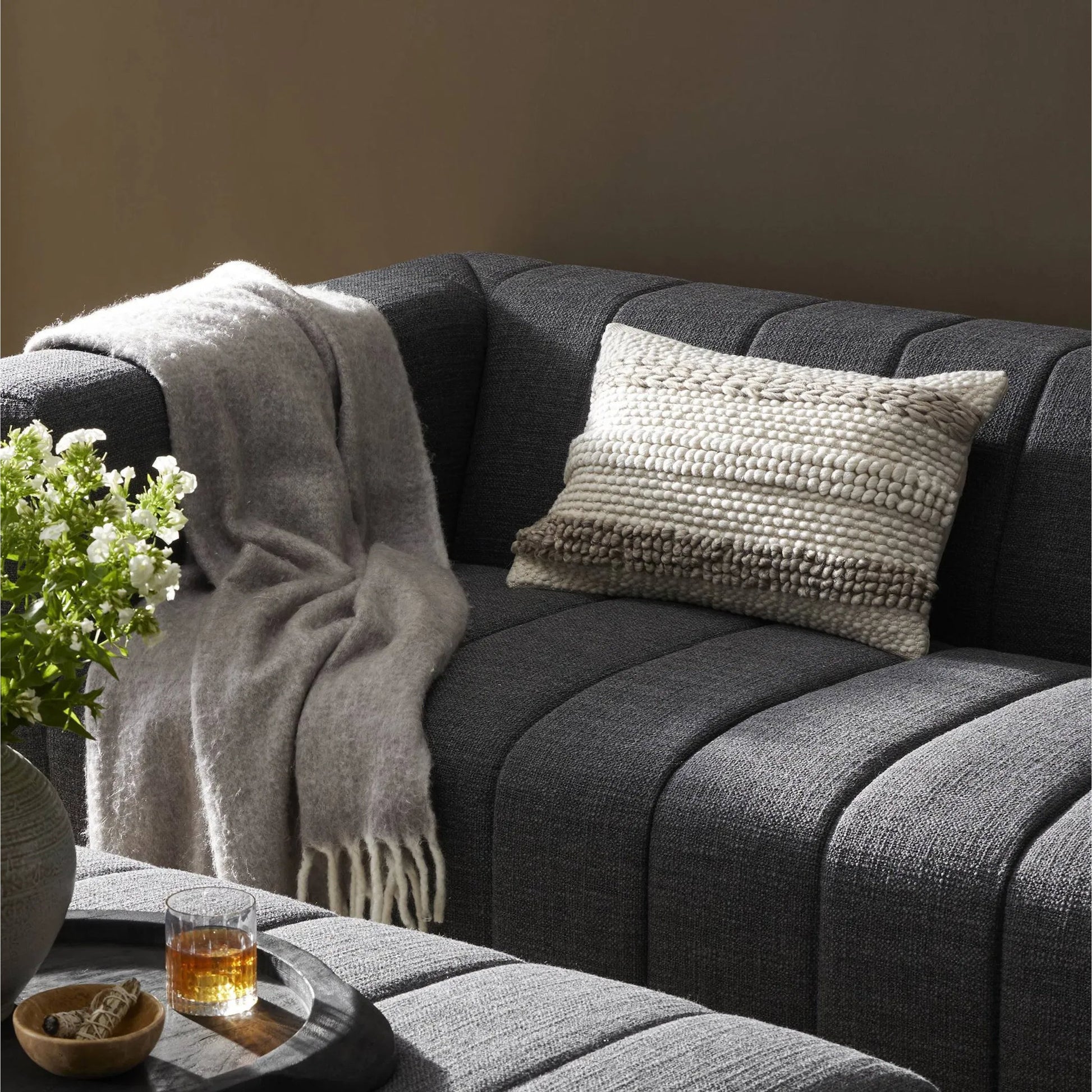 Textured Stripe Pillow by Four Hands in navy, natural, cream backing. Made from unique in a transitional style.