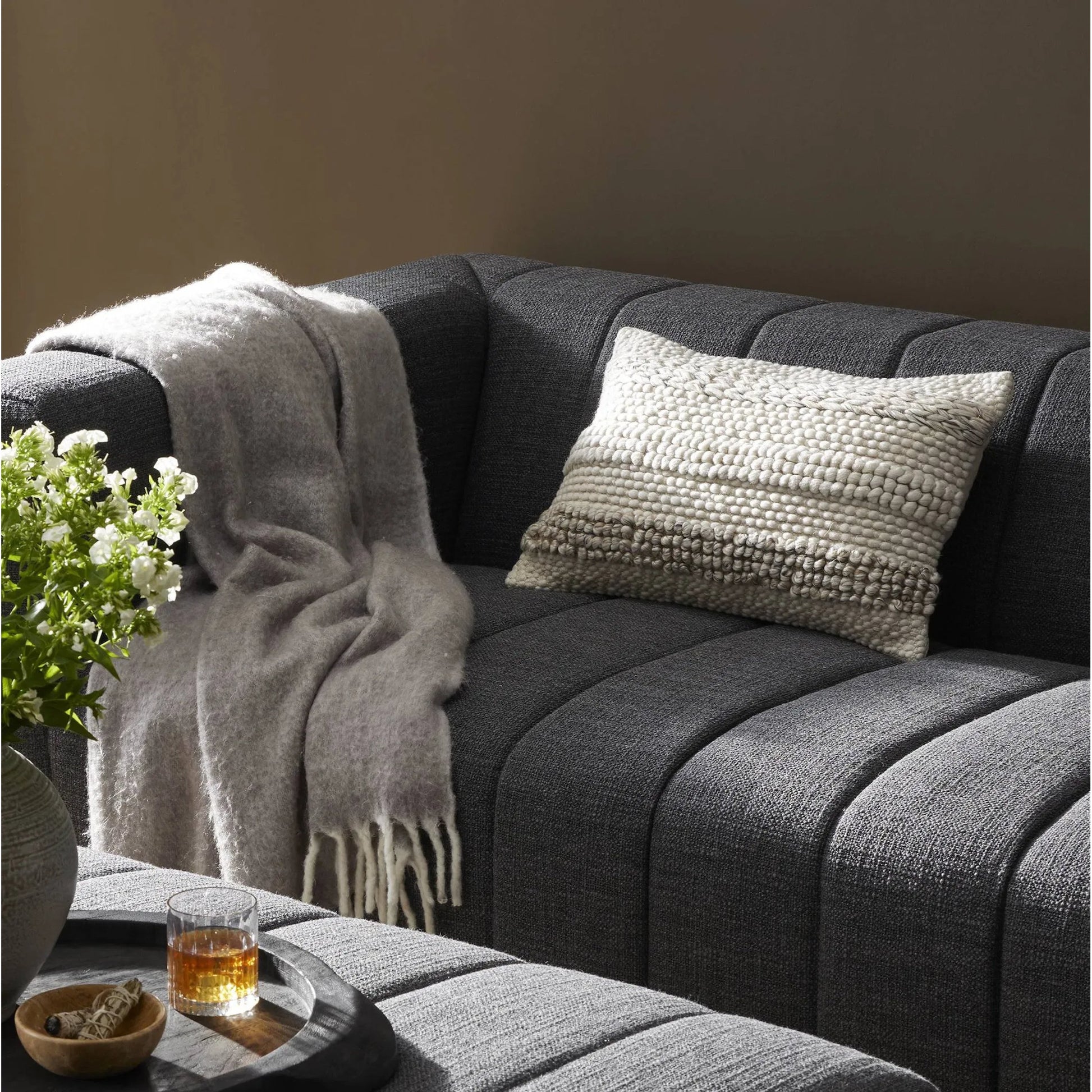 Textured Stripe Pillow by Four Hands in navy, natural, cream backing. Made from unique in a transitional style.
