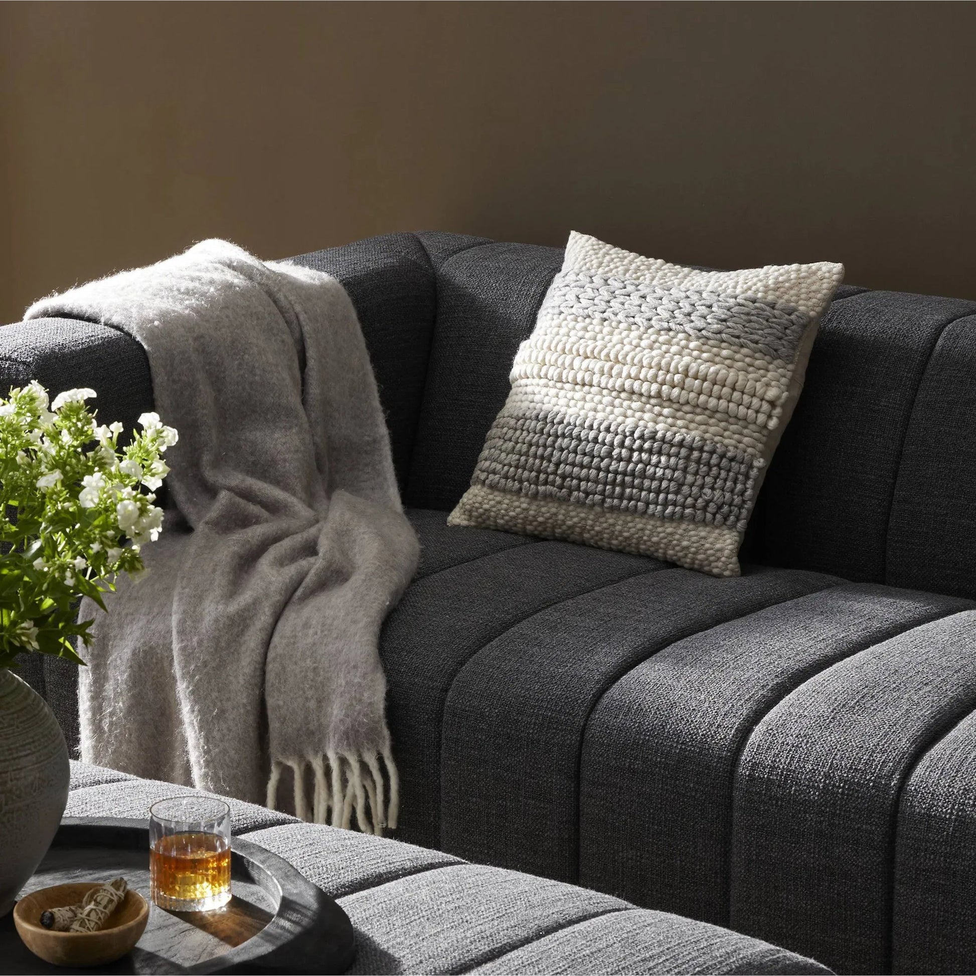 Textured Stripe Pillow by Four Hands in navy, natural, cream backing. Made from unique in a transitional style.