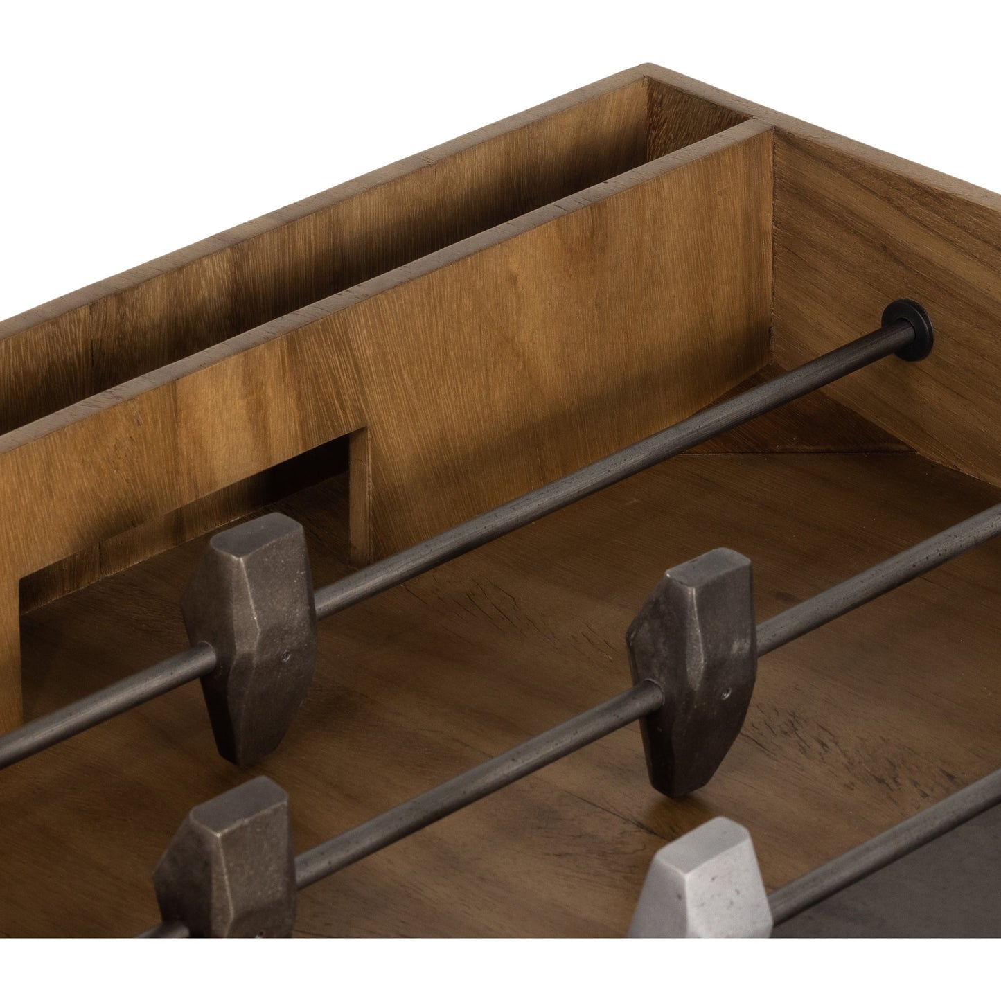 008 SI-1901526 | Closeup | Foosball Table by Four Hands in natural brown guanacaste. Made from aluminum, iron in a modern style.