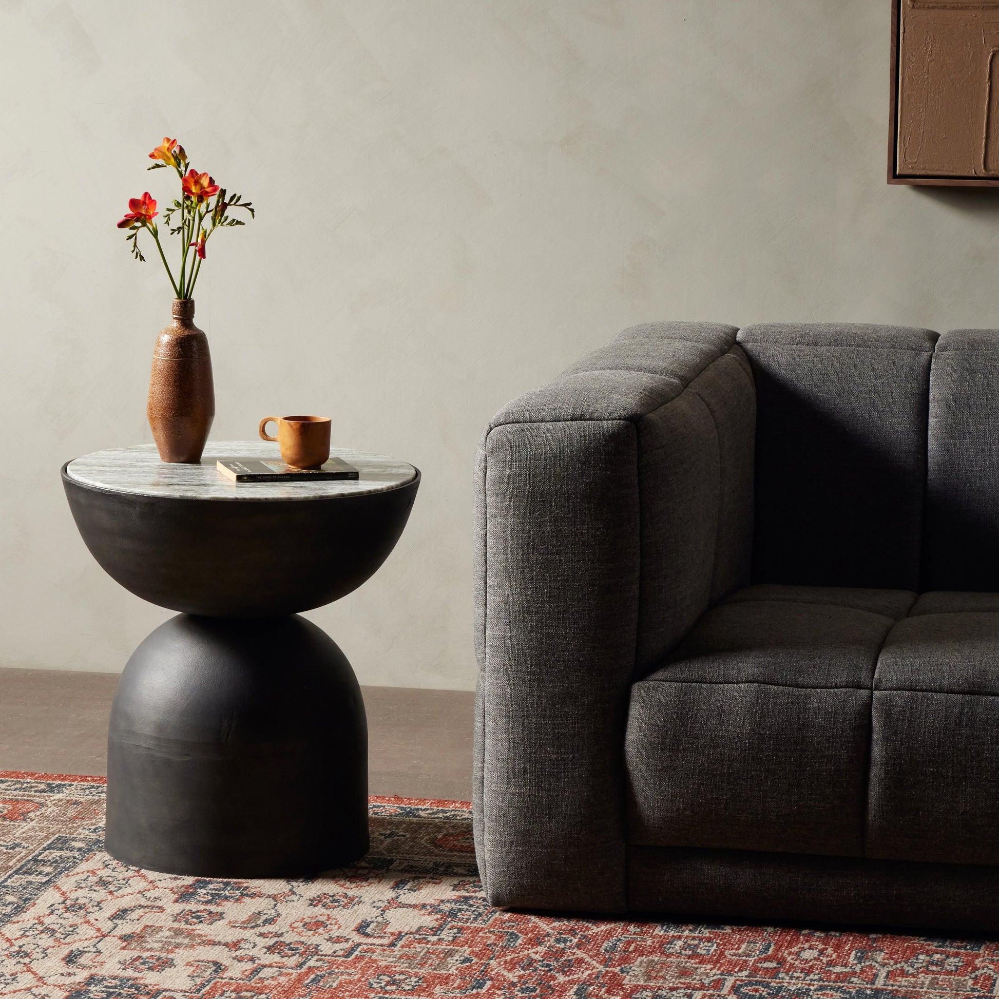 Corbett End Table by Four Hands. Made from solid marble, aluminum, engineered hardwood in a modern style.