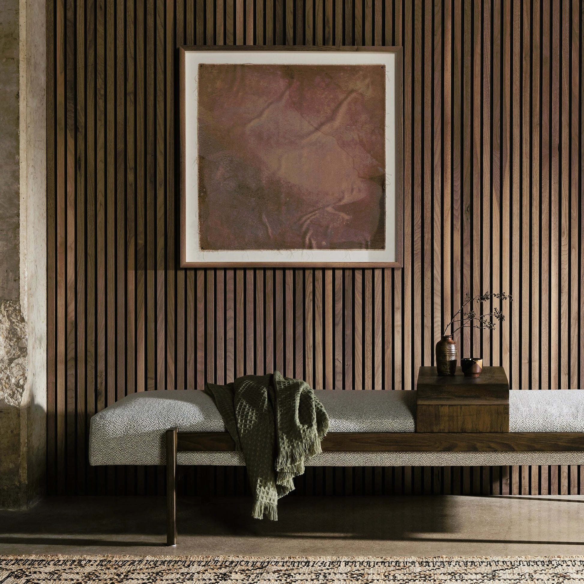 Fawkes Ottoman by Four Hands in brunswick pebble, vintage sienna. Made from 97% polyester, 3% acrylic, solid beech in a modern style.