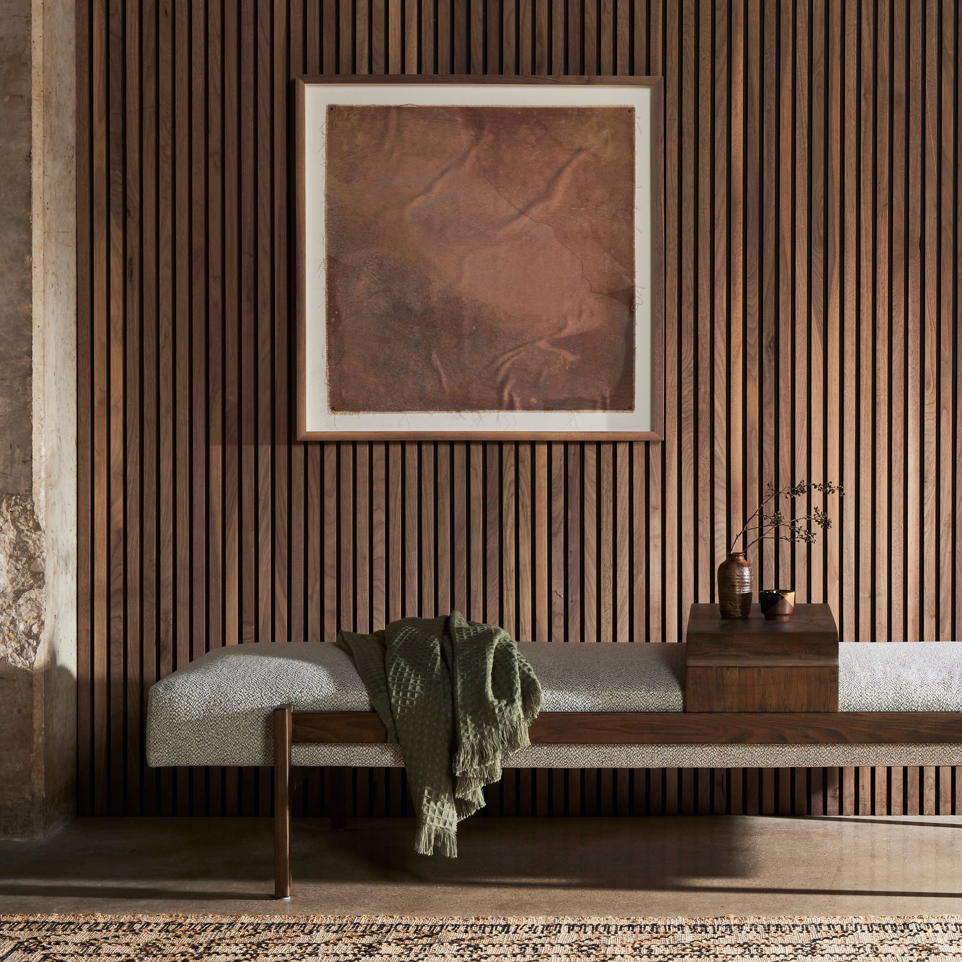 Fawkes Ottoman by Four Hands in brunswick pebble, vintage sienna. Made from 97% polyester, 3% acrylic, solid beech in a modern style.