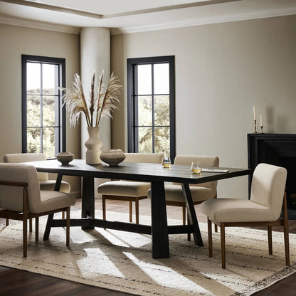 Munich Dining Table by Four Hands in ebony oak veneer, ebony oak thin veneer, ebony parawood. Made from thick oak veneer, solid parawood in a unique style.