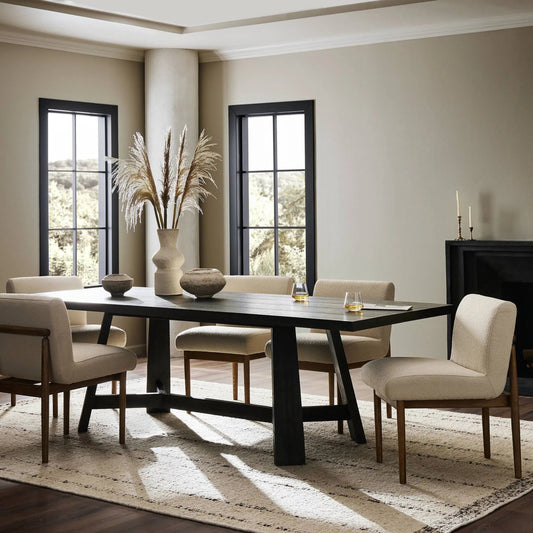 Munich Dining Table by Four Hands in ebony oak veneer, ebony oak thin veneer, ebony parawood. Made from thick oak veneer, solid parawood in a unique style.