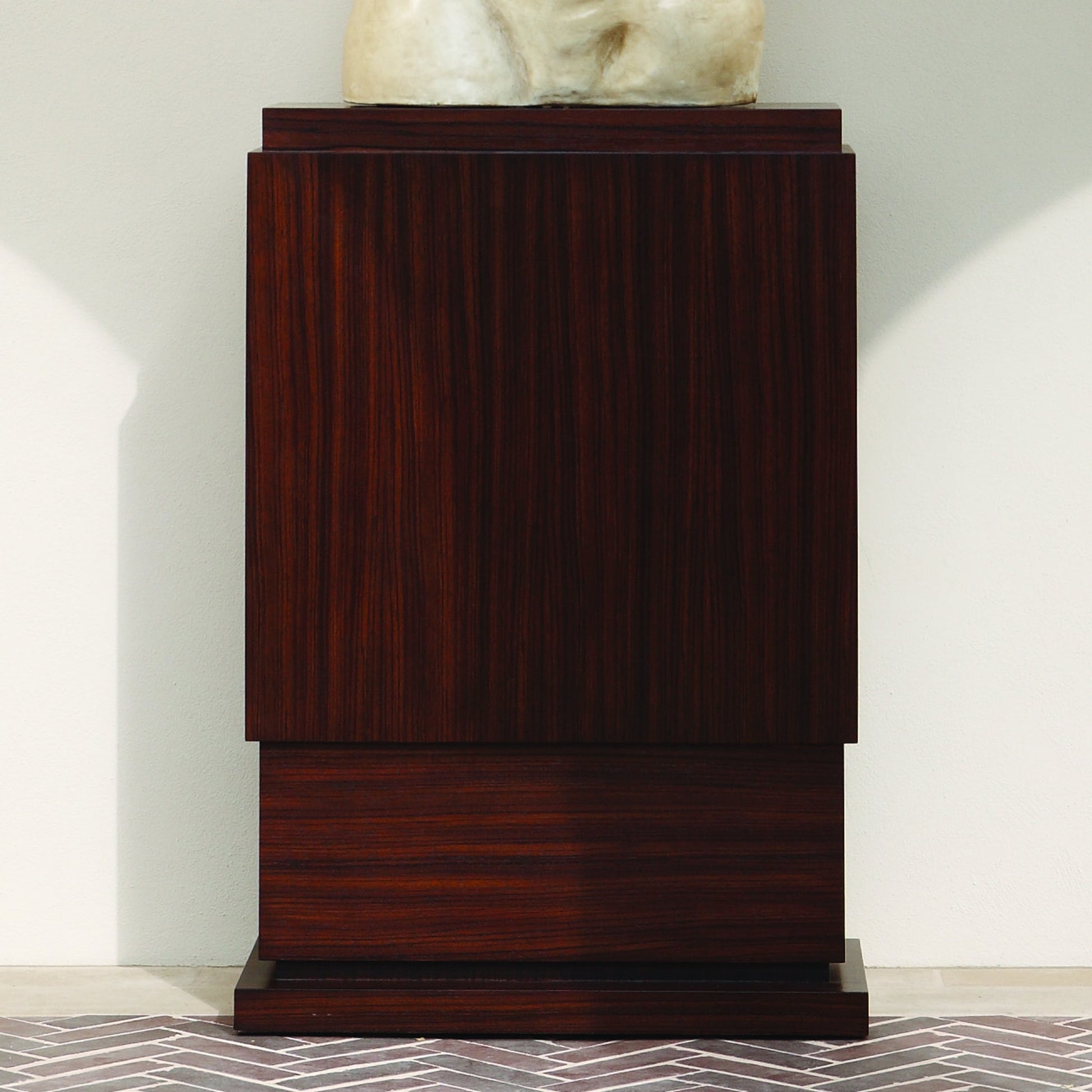 Wide Skyscraper Pedestal by Global Views in dark walnut, satin lacquer, zebra. Made from birch, mdf in a transitional style.