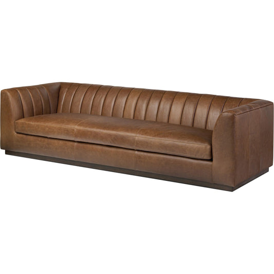 Alec Sofa by Four Hands in dulane mahogany, almond. Made from top grain leather, solid parawood in a traditional style.