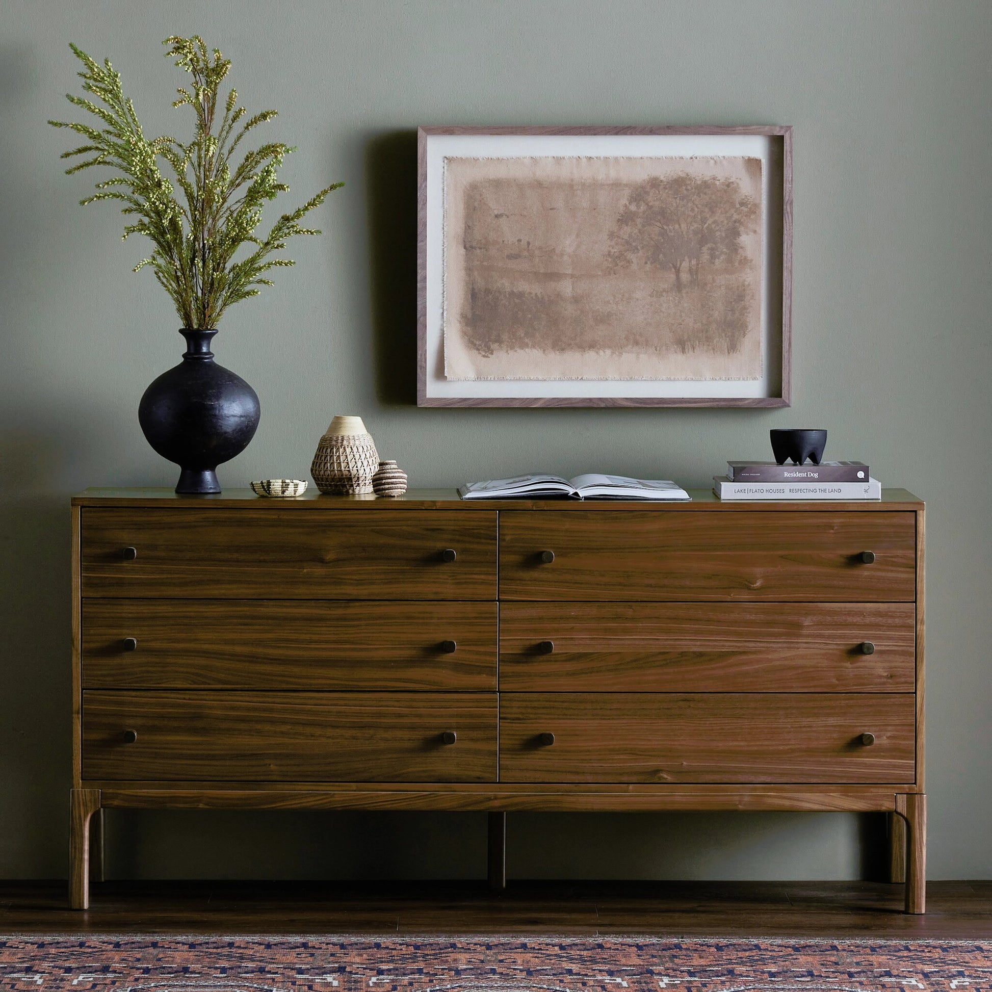 Arturo 6 Drawer Dresser by Four Hands in natural walnut. Made from walnut veneer, solid walnut in a modern style.