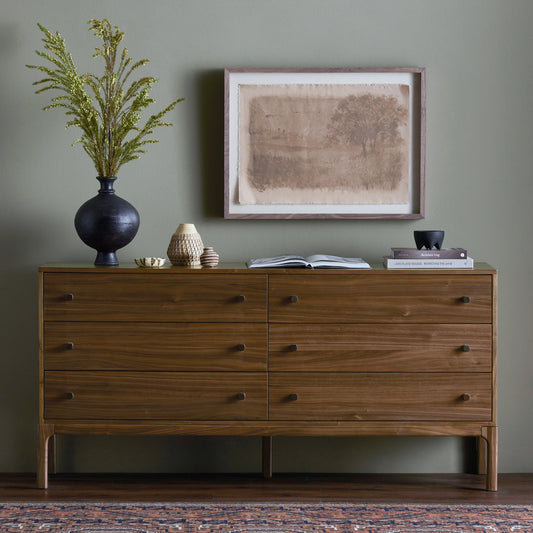 Arturo 6 Drawer Dresser by Four Hands in natural walnut. Made from walnut veneer, solid walnut in a modern style.