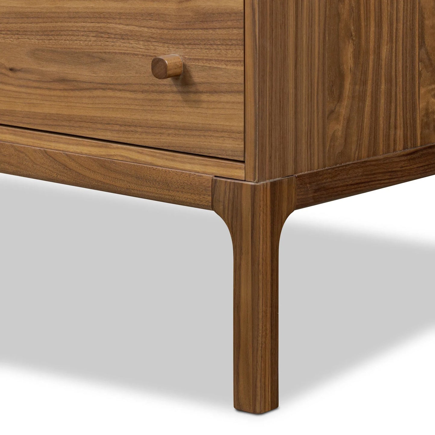 012 SI-2519077 | Closeup | Arturo 9 Drawer Dresser by Four Hands in natural walnut veneer. Made from walnut veneer, solid walnut in a unique style.