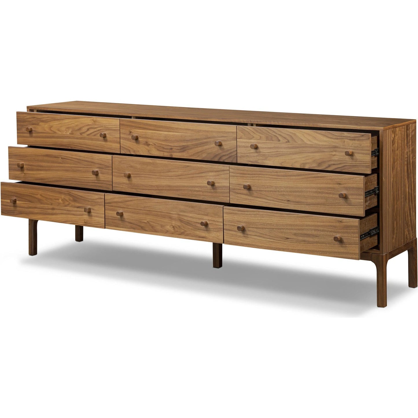 008 SI-2519077 | Closeup | Arturo 9 Drawer Dresser by Four Hands in natural walnut veneer. Made from walnut veneer, solid walnut in a unique style.