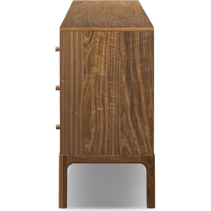 Arturo 9 Drawer Dresser by Four Hands in natural walnut veneer. Made from walnut veneer, solid walnut in a unique style.