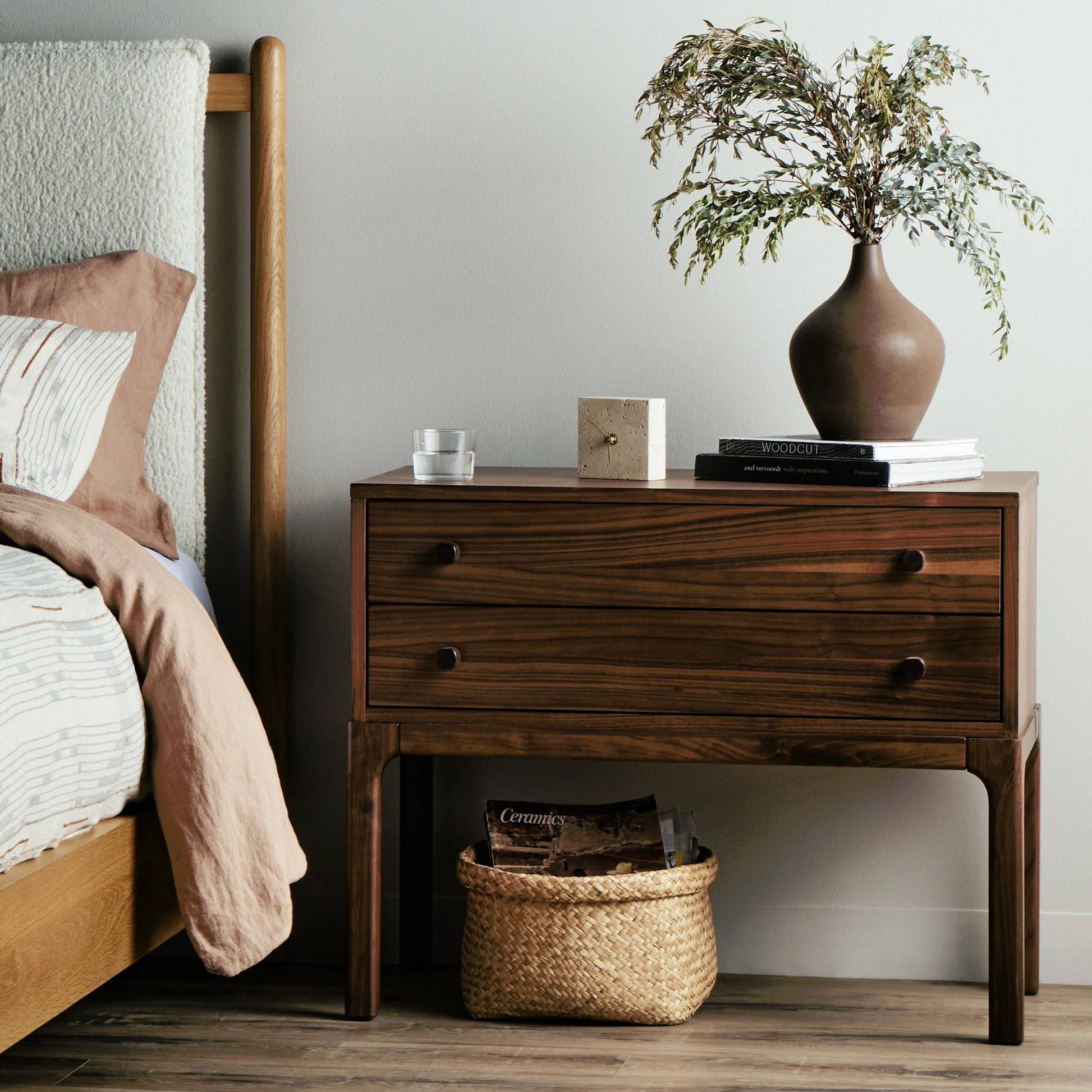 Arturo Nightstand by Four Hands in natural walnut. Made from walnut veneer, solid walnut in a modern style.