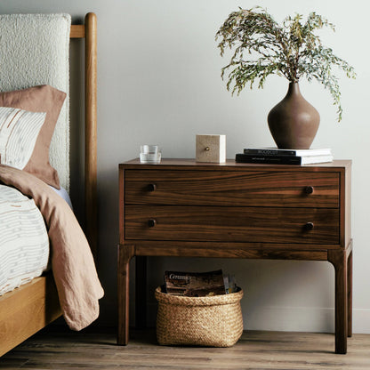 Arturo Nightstand by Four Hands in natural walnut. Made from walnut veneer, solid walnut in a modern style.