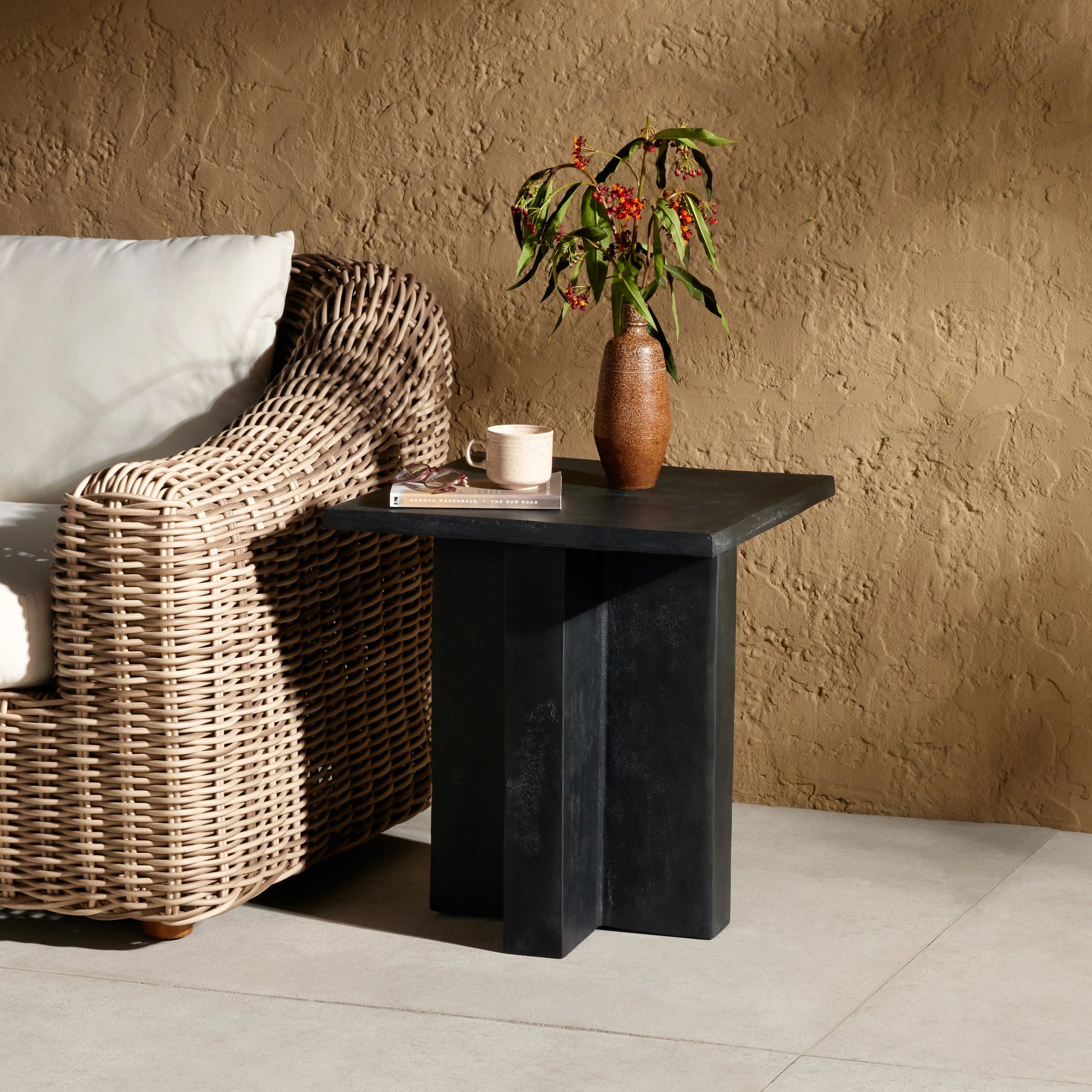 Terrell Outdoor End Table by Four Hands. Made from aluminum, engineered hardwood in a modern style.