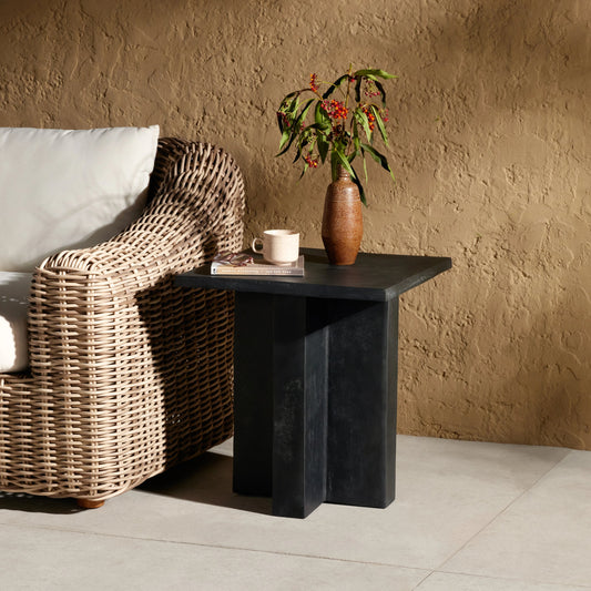 Terrell Outdoor End Table by Four Hands. Made from aluminum, engineered hardwood in a modern style.