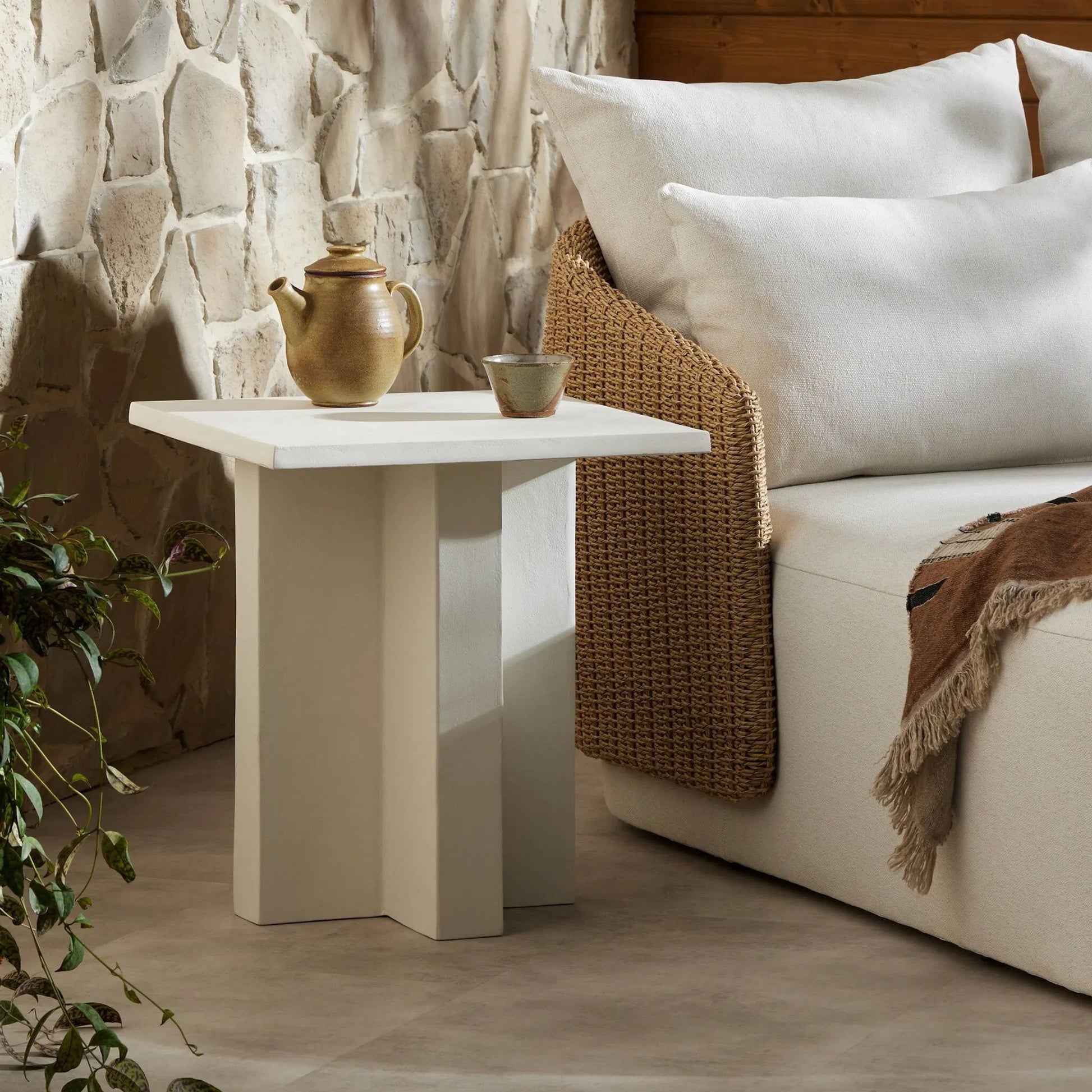 Terrell Outdoor End Table by Four Hands. Made from aluminum, engineered hardwood in a modern style.