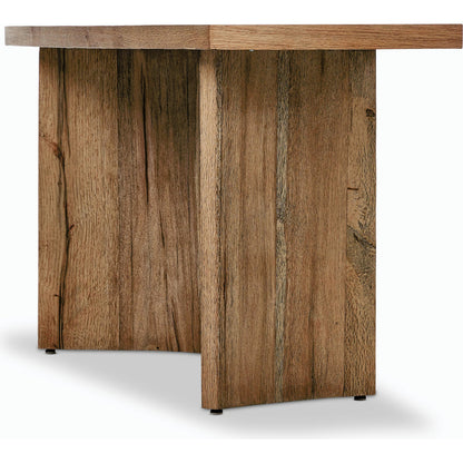Brinton Console Table by Four Hands in rustic oak. Made from thick oak veneer, engineered hardwood in a modern style.