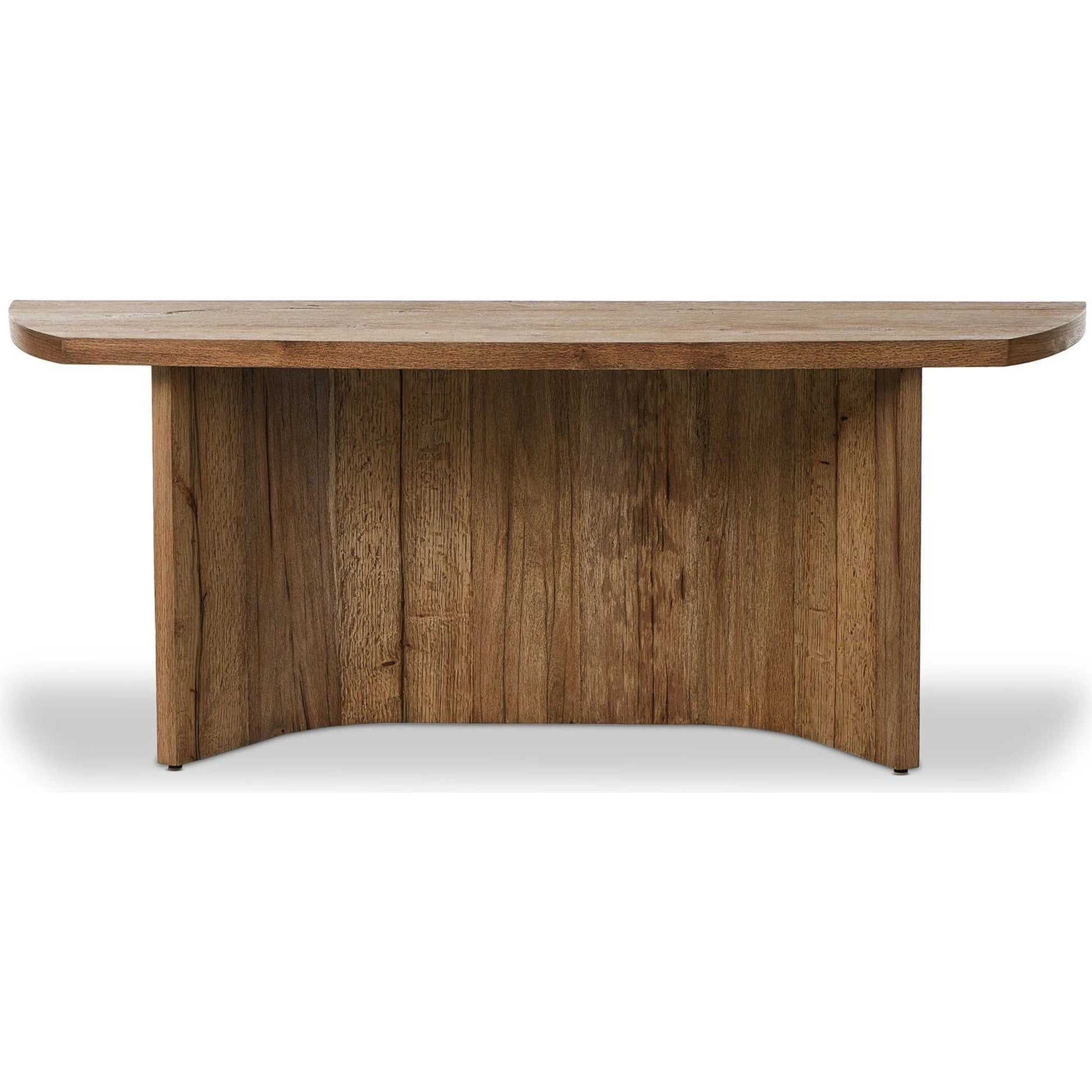 Brinton Console Table by Four Hands in rustic oak. Made from thick oak veneer, engineered hardwood in a modern style.