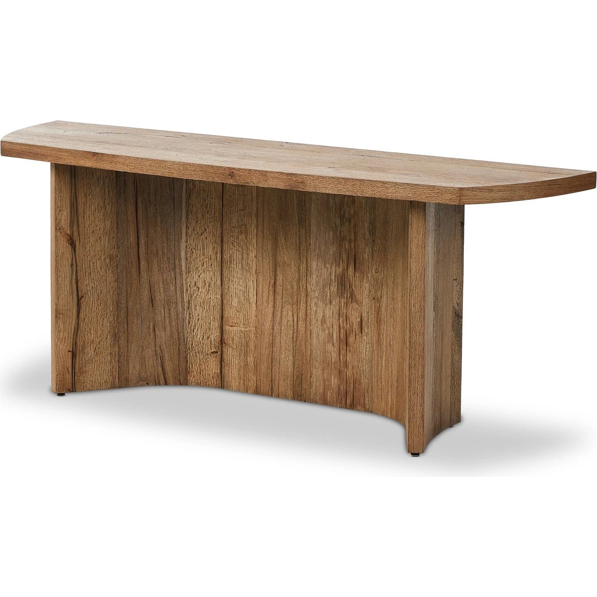 Brinton Console Table by Four Hands in rustic oak. Made from thick oak veneer, engineered hardwood in a modern style.