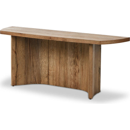 Brinton Console Table by Four Hands in rustic oak. Made from thick oak veneer, engineered hardwood in a modern style.