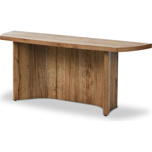 Brinton Console Table by Four Hands in rustic oak. Made from thick oak veneer, engineered hardwood in a modern style.