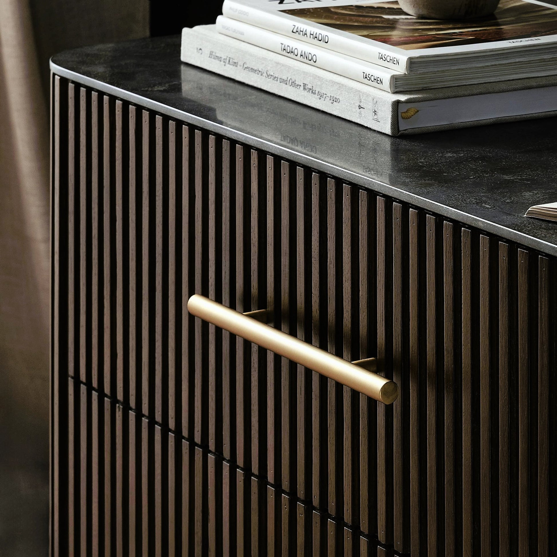 Fletcher Large Nightstand by Four Hands. Made from bluestone, solid oak, iron in a modern style.