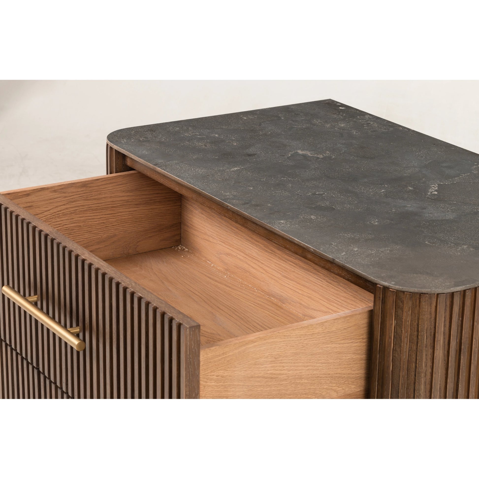 Fletcher Large Nightstand by Four Hands. Made from bluestone, solid oak, iron in a modern style.