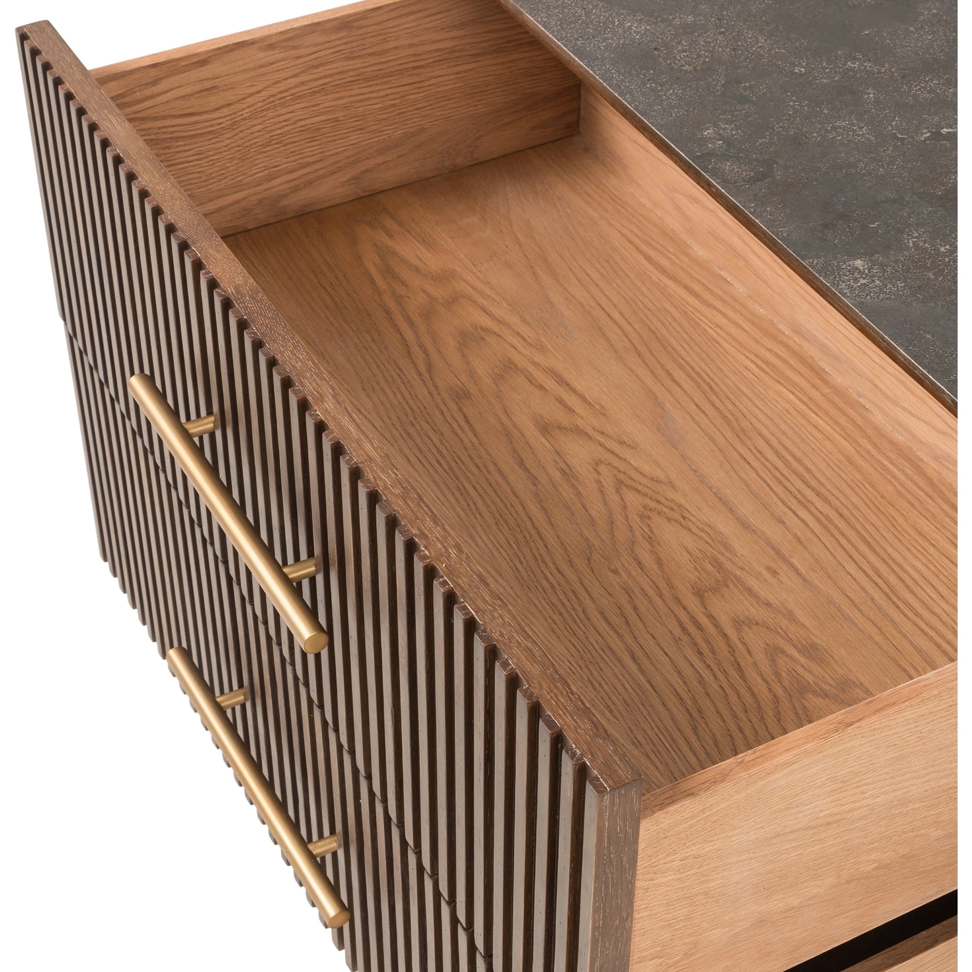 Fletcher Large Nightstand by Four Hands. Made from bluestone, solid oak, iron in a modern style.