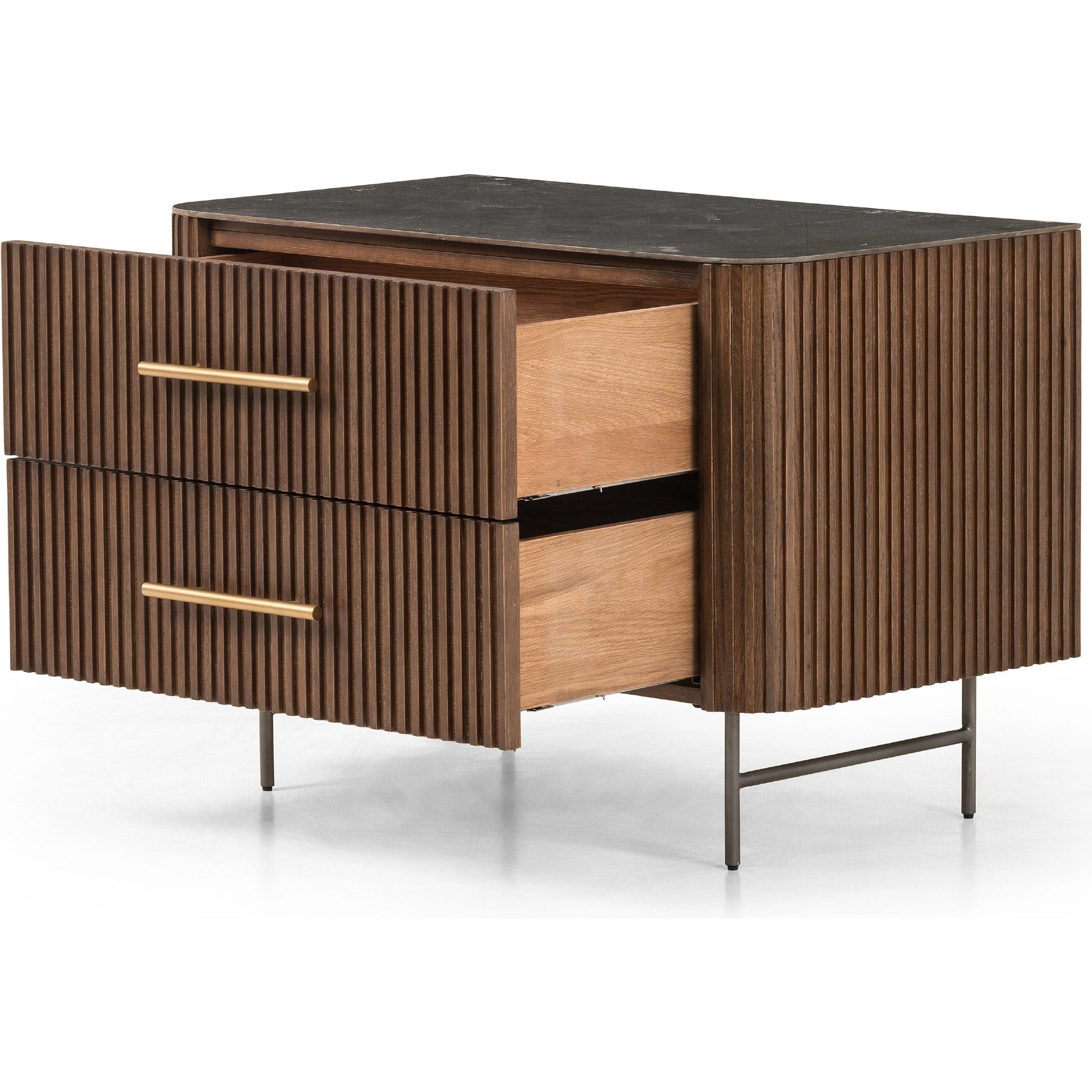 Fletcher Large Nightstand by Four Hands. Made from bluestone, solid oak, iron in a modern style.