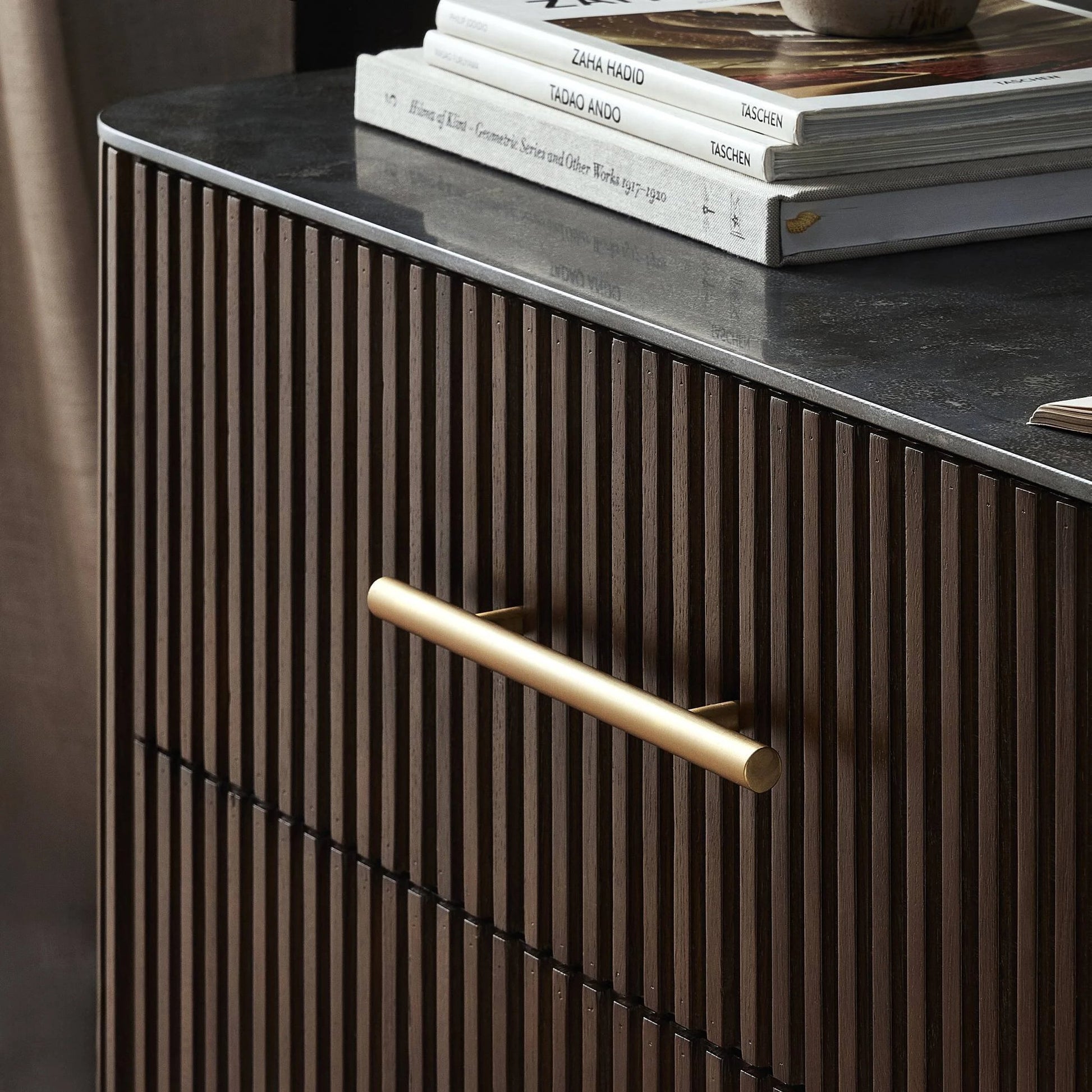 Fletcher Large Nightstand by Four Hands. Made from bluestone, solid oak, iron in a modern style.