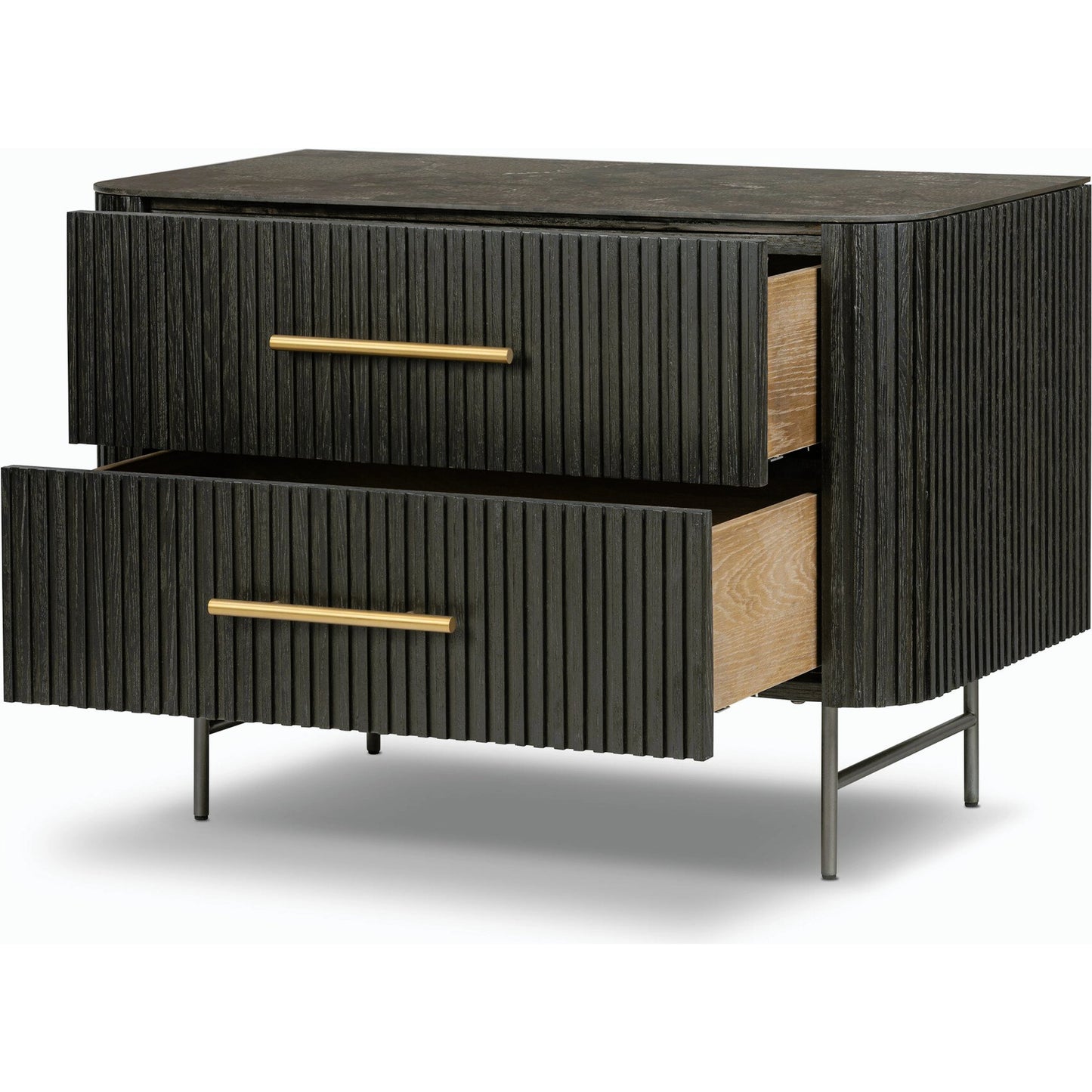 022 SI-2158164 | Closeup | Fletcher Large Nightstand by Four Hands. Made from bluestone, solid oak, iron in a modern style.