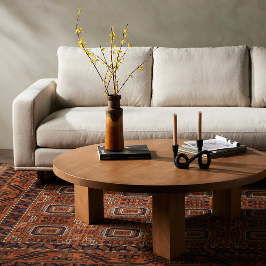Mesa Large Round Coffee Table by Four Hands in light brushed parawood. Made from solid parawood, iron in a modern style.