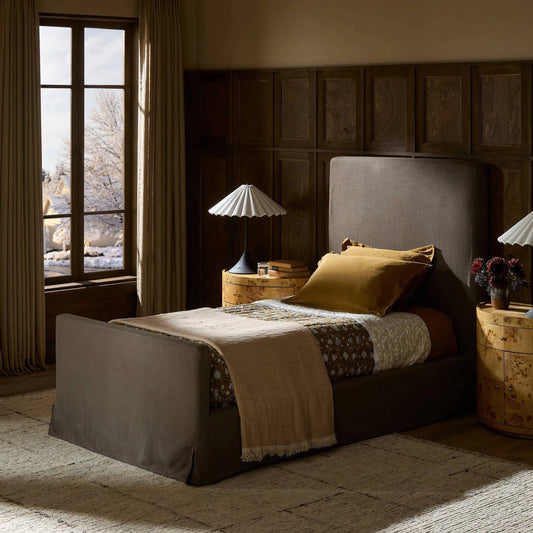 Daphne Slipcover Bed by Four Hands. Made from 61% polyester, 31% viscose (rayon), 8% flax/linen, solid parawood in a unique style.