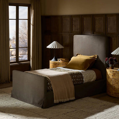 Daphne Slipcover Bed by Four Hands. Made from 61% polyester, 31% viscose (rayon), 8% flax/linen, solid parawood in a modern style.
