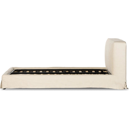 Aidan Slipcover Bed by Four Hands in brussels pine. Made from 100% flax, linen, iron, 100% polyester in a modern style.