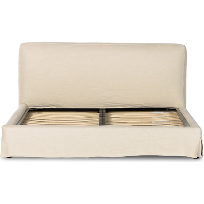 Aidan Slipcover Bed by Four Hands in brussels pine. Made from 100% flax, linen, iron, 100% polyester in a modern style.